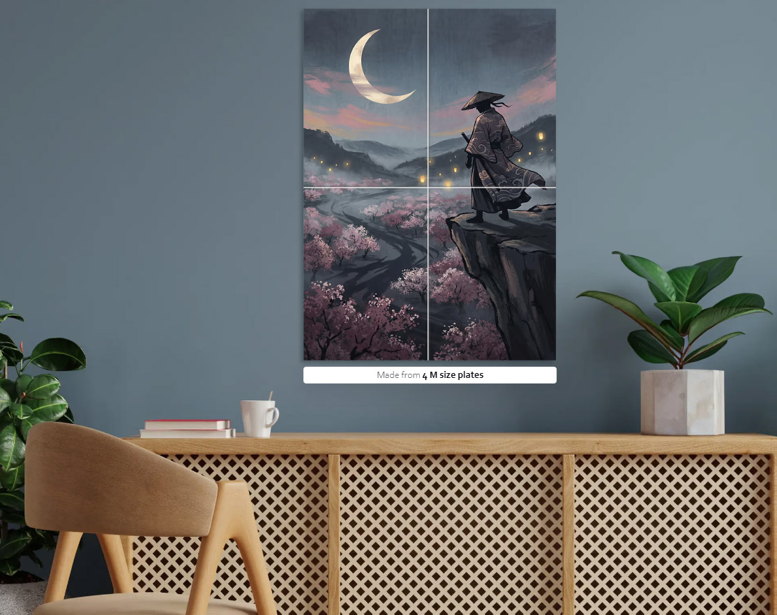 Samurai Overlooking Cherry Blossoms — metal poster wall art by Lineer
